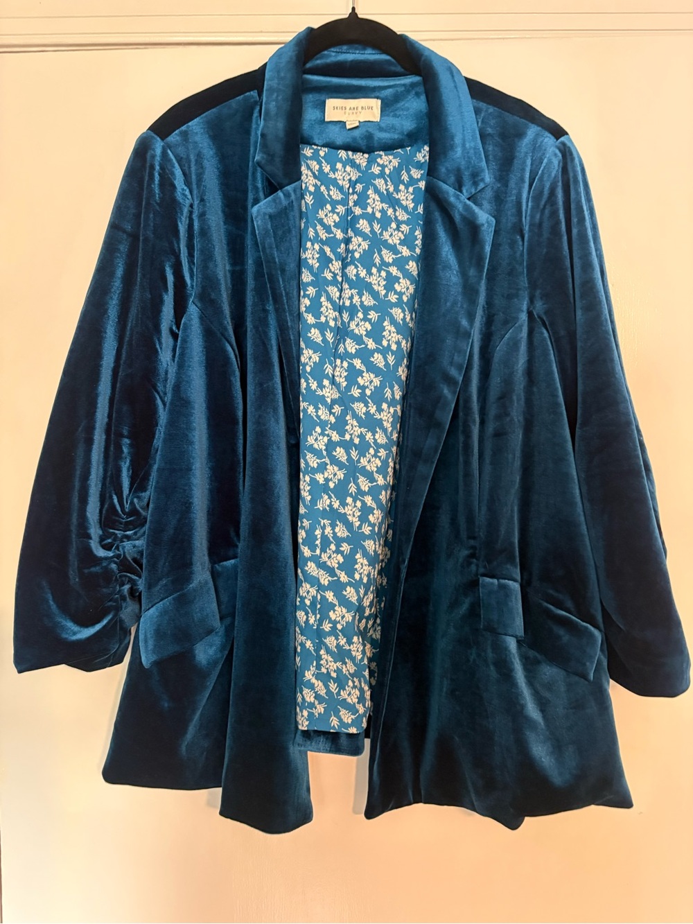 Skies Are Blue Curvy 2X Teal Velvet Blazer Floral Lined Plus Size